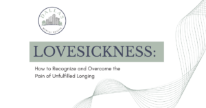 Cover slide for a presentation titled'LOVESICKNESS:' with subtitle 'How to Recognize and Overcome the Pain of Unfulfilled Longing,' including a Dallas Mental Health logo and decorative wave design.