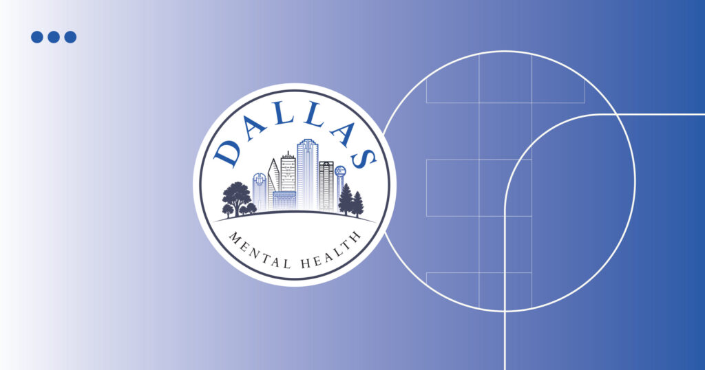 Dallas Mental Health logo featuring a city skyline within a circular seal on a blue gradient background with geometric lines