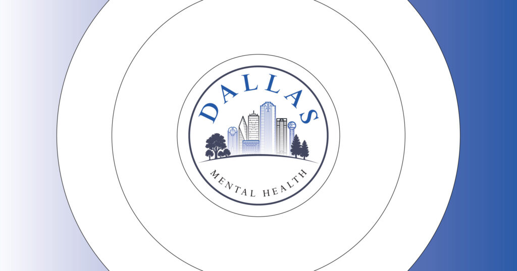 Dallas Mental Health logo: a circular seal with a Dallas skyline and trees, blue text reading DALLAS at the top and MENTAL HEALTH along the bottom, surrounded by concentric rings.