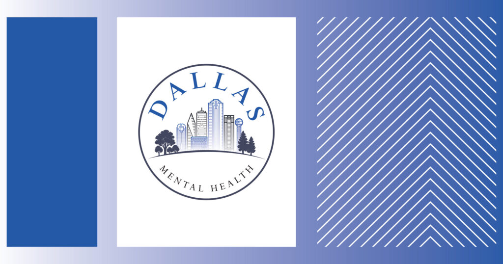 Dallas Mental Health logo: circular emblem with skyline and trees on white panel, flanked by blue bars and chevron background.