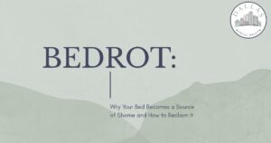 Cover slide with a pale green abstract hill background, a large dark'BEDROT:' title, a vertical line accent, and the subtitle 'Why Your Bed Becomes a Source of Shame and How to Reclaim It'; Dallas Mental Health logo in the top-right corner.