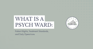 Informational slide with the title 'WHAT IS A PSYCH WARD: Patient Rights, Treatment Standards, and Daily Operations' and a Dallas Mental Health logo on the right.