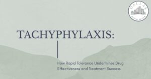 Presentation cover slide: title'TACHYPHYLAXIS' with subtitle 'How Rapid Tolerance Undermines Drug Effectiveness and Treatment Success' and Dallas Mental Health logo in the top-right corner.