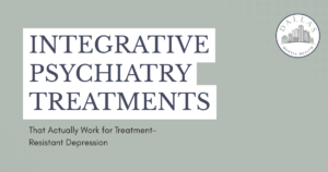 Banner announcing'Integrative Psychiatry Treatments' with subtitle about treatment-resistant depression; Dallas Mental Health logo in the corner on a teal dotted background