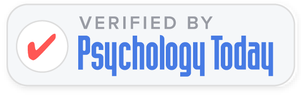 Badge reading 'Verified by Psychology Today' with a red checkmark inside a circle, on a light rounded banner.