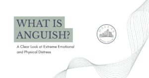 Cover slide: title'WHAT IS ANGUISH?' with subtitle 'A Clear Look at Extreme Emotional and Physical Distress', plus a Dalias Mental Health logo and decorative wave lines.
